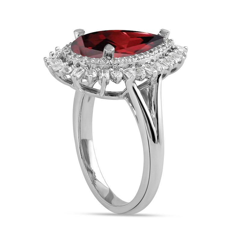 Pear-Shaped Garnet and White Lab-Created Sapphire Double Shadow Frame Split Shank Ring in Sterling Silver