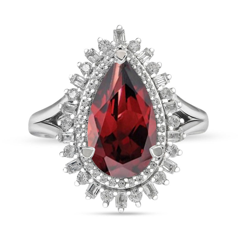 Pear-Shaped Garnet and White Lab-Created Sapphire Double Shadow Frame Split Shank Ring in Sterling Silver