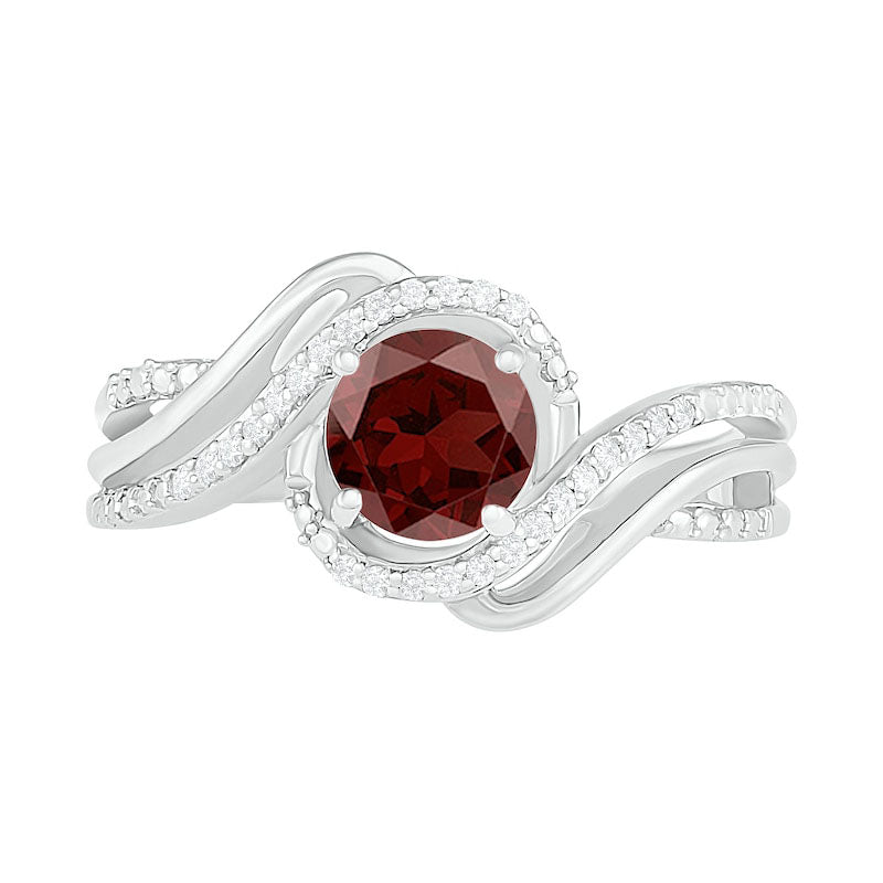 6.0mm Garnet and 0.07 CT. T.W. Natural Diamond Beaded Triple Row Bypass Twist Shank Ring in Sterling Silver