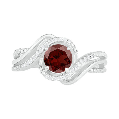 6.0mm Garnet and 0.07 CT. T.W. Natural Diamond Beaded Triple Row Bypass Twist Shank Ring in Sterling Silver