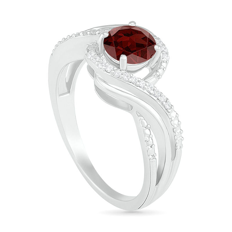 6.0mm Garnet and 0.07 CT. T.W. Natural Diamond Beaded Triple Row Bypass Twist Shank Ring in Sterling Silver