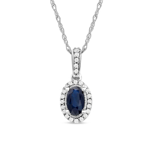 Oval Blue Sapphire and 0.05 CT. T.W. Natural Diamond Framed Antique Vintage-Style Drop Pendant in 10K White Gold
