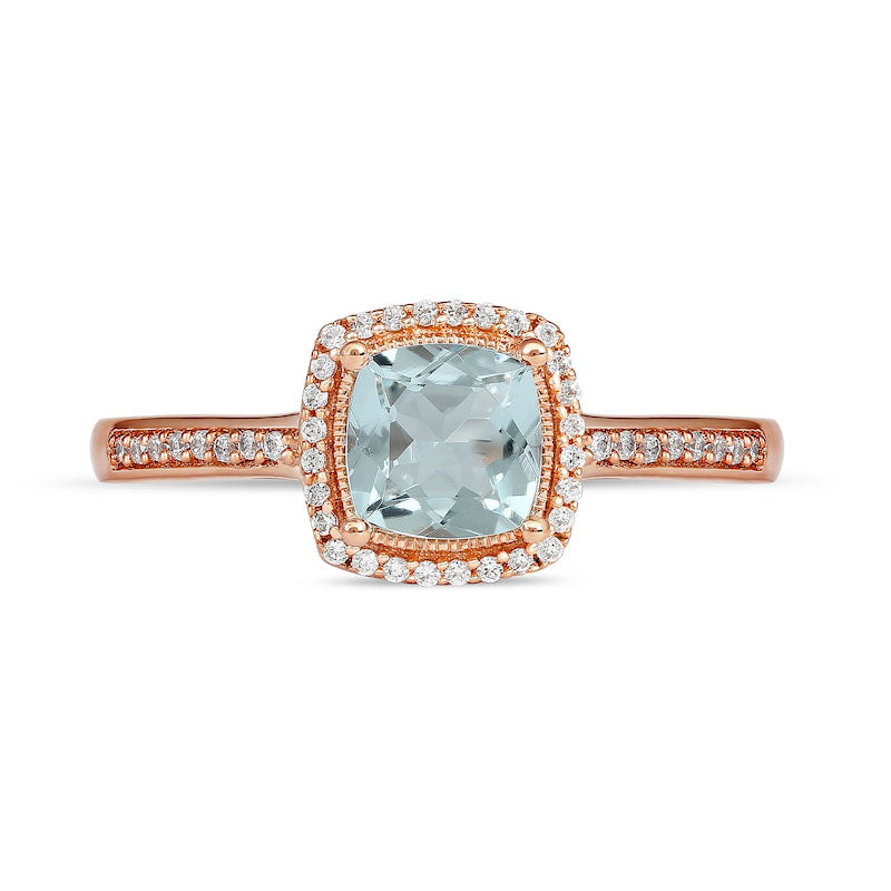 6.0mm Cushion-Cut Aquamarine and 0.10 CT. T.W. Natural Diamond Frame Scrollwork Gallery Antique Vintage-Style Ring in Solid 10K Rose Gold