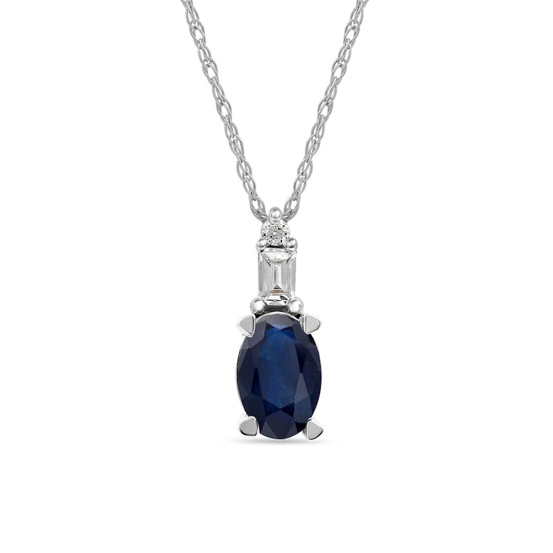Oval Blue Sapphire and 0.05 CT. T.W. Baguette and Round Natural Diamond Stacked Top Accent Pendant in 10K White Gold