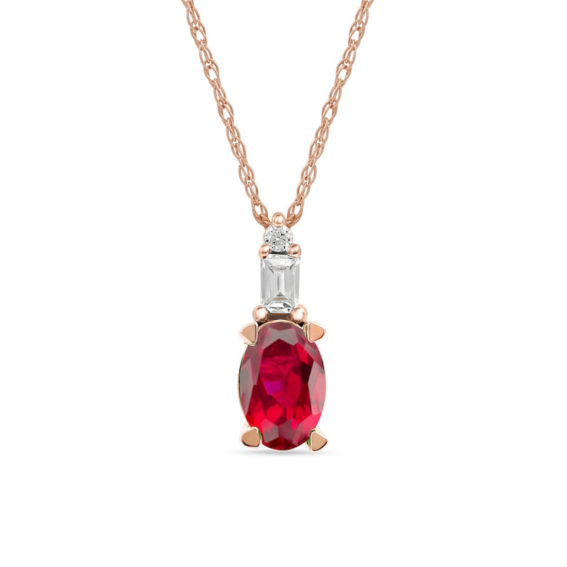 Oval Ruby and 0.05 CT. T.W. Baguette and Round Natural Diamond Stacked Top Accent Pendant in 10K Rose Gold