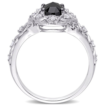 1.0 CT. T.W. Enhanced Black and White Natural Diamond Frame Antique Vintage-Style Engagement Ring in Solid 10K White Gold