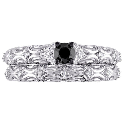 0.33 CT. T.W. Enhanced Black and White Natural Diamond Filigree Bridal Engagement Ring Set in Sterling Silver