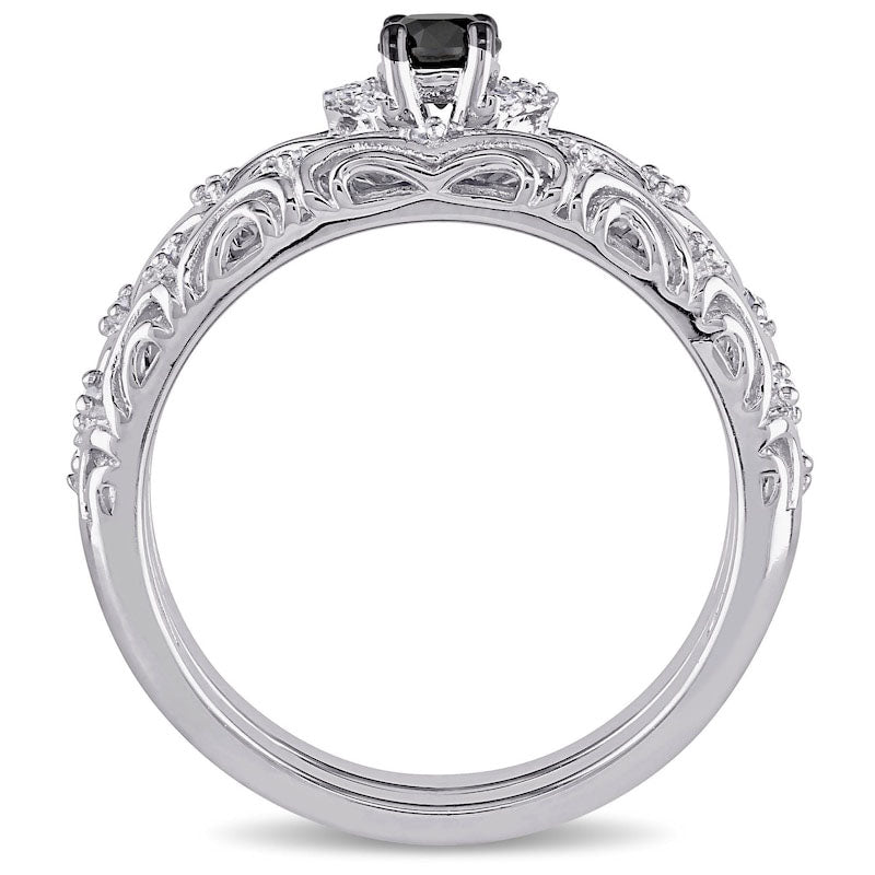 0.33 CT. T.W. Enhanced Black and White Natural Diamond Filigree Bridal Engagement Ring Set in Sterling Silver