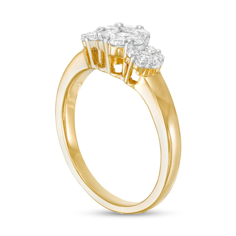 0.50 CT. T.W. Natural Diamond Three Stone Flower Frame Ring in Solid 10K Yellow Gold