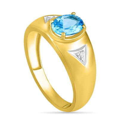Men's Oval Blue Topaz and Natural Diamond Accent Triangle Side Accent Ring in Solid 10K Yellow Gold