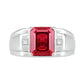 Men's Emerald-Cut Lab-Created Ruby and Diamond Accent Collar Stepped Edge Ring in Sterling Silver