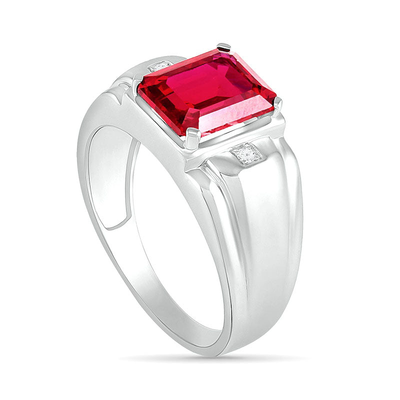 Men's Emerald-Cut Lab-Created Ruby and Diamond Accent Collar Stepped Edge Ring in Sterling Silver