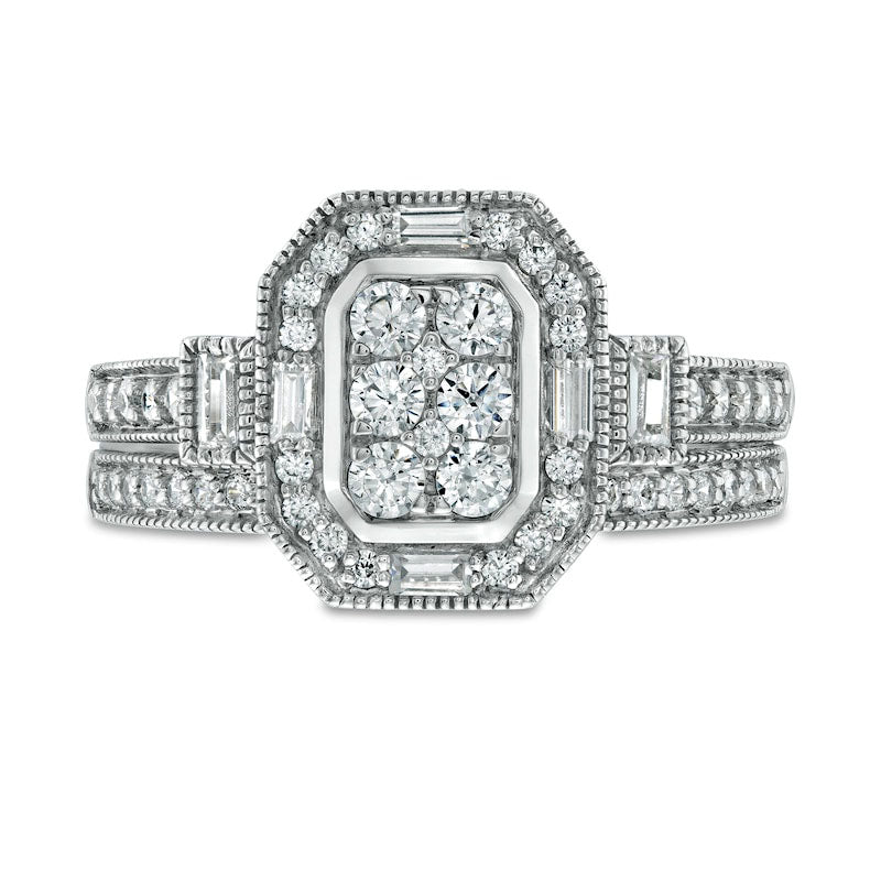 0.75 CT. T.W. Composite Natural Diamond Elongated Octagonal Frame Antique Vintage-Style Bridal Engagement Ring Set in Solid 10K White Gold