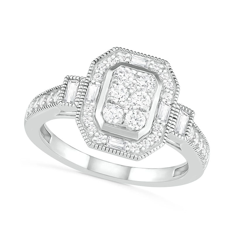 0.75 CT. T.W. Composite Natural Diamond Elongated Octagonal Frame Antique Vintage-Style Bridal Engagement Ring Set in Solid 10K White Gold