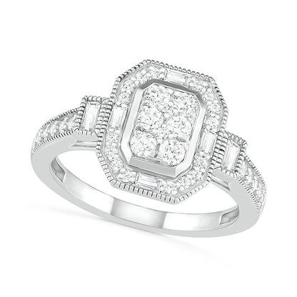 0.75 CT. T.W. Composite Natural Diamond Elongated Octagonal Frame Antique Vintage-Style Bridal Engagement Ring Set in Solid 10K White Gold