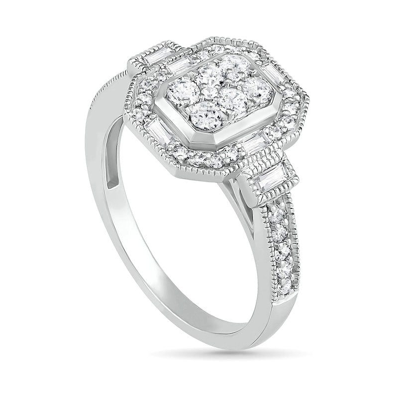 0.75 CT. T.W. Composite Natural Diamond Elongated Octagonal Frame Antique Vintage-Style Bridal Engagement Ring Set in Solid 10K White Gold
