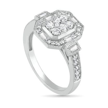 0.75 CT. T.W. Composite Natural Diamond Elongated Octagonal Frame Antique Vintage-Style Bridal Engagement Ring Set in Solid 10K White Gold