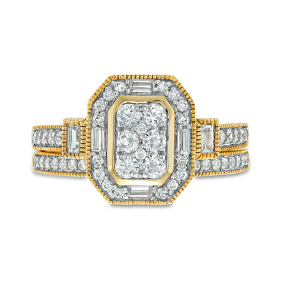 0.75 CT. T.W. Composite Natural Diamond Elongated Octagonal Frame Antique Vintage-Style Bridal Engagement Ring Set in Solid 10K Yellow Gold