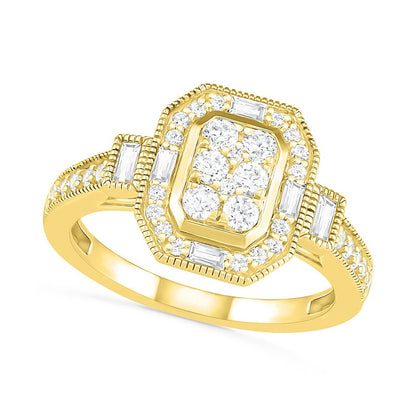 0.75 CT. T.W. Composite Natural Diamond Elongated Octagonal Frame Antique Vintage-Style Bridal Engagement Ring Set in Solid 10K Yellow Gold