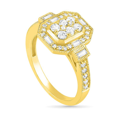 0.75 CT. T.W. Composite Natural Diamond Elongated Octagonal Frame Antique Vintage-Style Bridal Engagement Ring Set in Solid 10K Yellow Gold
