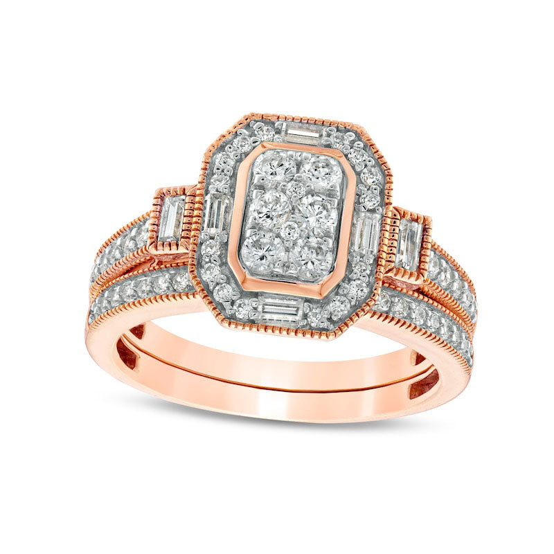 0.75 CT. T.W. Composite Natural Diamond Elongated Octagonal Frame Antique Vintage-Style Bridal Engagement Ring Set in Solid 10K Rose Gold
