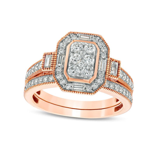 0.75 CT. T.W. Composite Natural Diamond Elongated Octagonal Frame Antique Vintage-Style Bridal Engagement Ring Set in Solid 10K Rose Gold