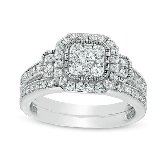 0.75 CT. T.W. Composite Cushion Natural Diamond Frame Antique Vintage-Style Bridal Engagement Ring Set in Solid 10K White Gold