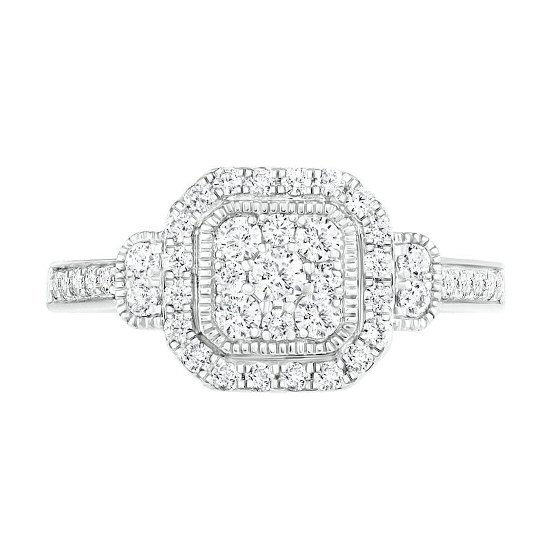 0.75 CT. T.W. Composite Cushion Natural Diamond Frame Antique Vintage-Style Bridal Engagement Ring Set in Solid 10K White Gold