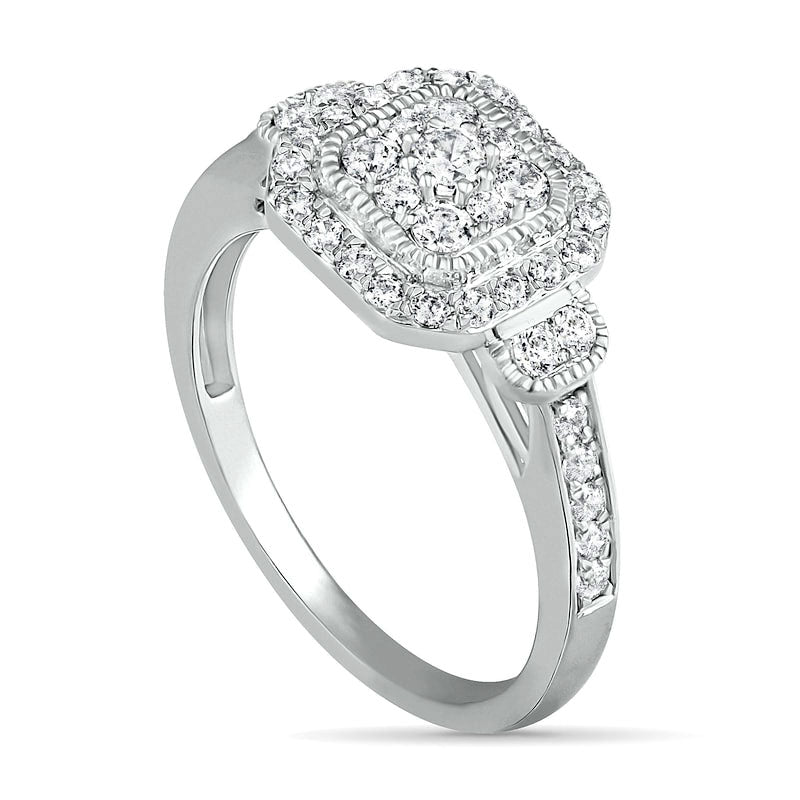 0.75 CT. T.W. Composite Cushion Natural Diamond Frame Antique Vintage-Style Bridal Engagement Ring Set in Solid 10K White Gold