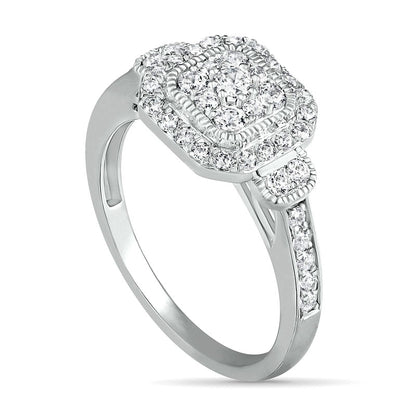 0.75 CT. T.W. Composite Cushion Natural Diamond Frame Antique Vintage-Style Bridal Engagement Ring Set in Solid 10K White Gold