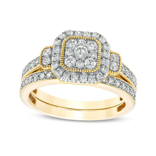 0.75 CT. T.W. Composite Cushion Natural Diamond Frame Antique Vintage-Style Bridal Engagement Ring Set in Solid 10K Yellow Gold