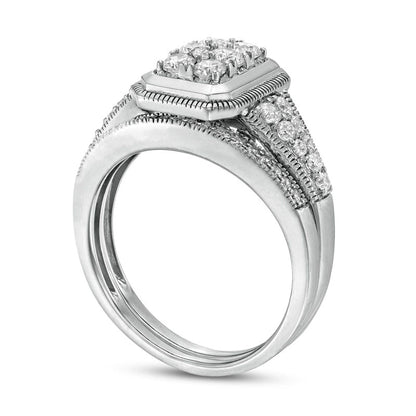 0.75 CT. T.W. Composite Natural Diamond Frame Antique Vintage-Style Bridal Engagement Ring Set in Solid 10K White Gold