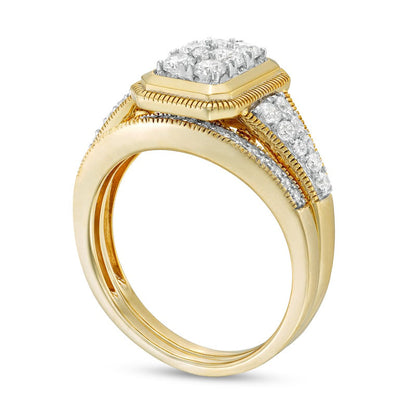 0.75 CT. T.W. Composite Natural Diamond Frame Antique Vintage-Style Bridal Engagement Ring Set in Solid 10K Yellow Gold