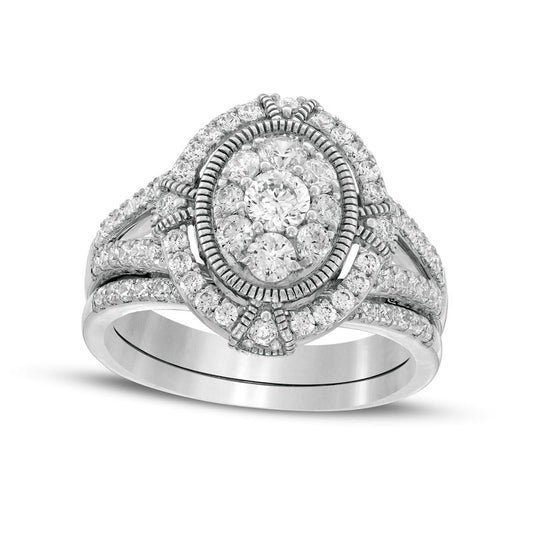 1.0 CT. T.W. Composite Oval Natural Diamond Split Shank Antique Vintage-Style Bridal Engagement Ring Set in Solid 10K White Gold