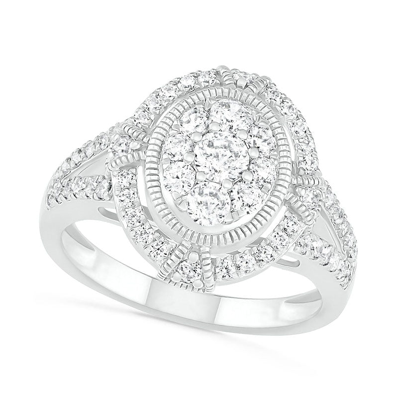 1.0 CT. T.W. Composite Oval Natural Diamond Split Shank Antique Vintage-Style Bridal Engagement Ring Set in Solid 10K White Gold