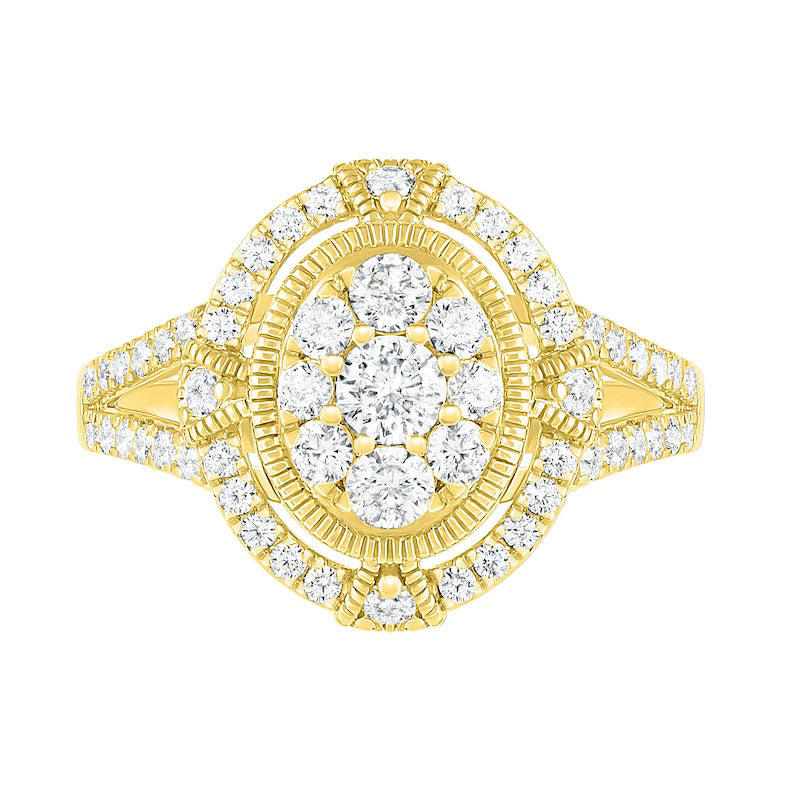 1.0 CT. T.W. Composite Oval Natural Diamond Split Shank Antique Vintage-Style Bridal Engagement Ring Set in Solid 10K Yellow Gold