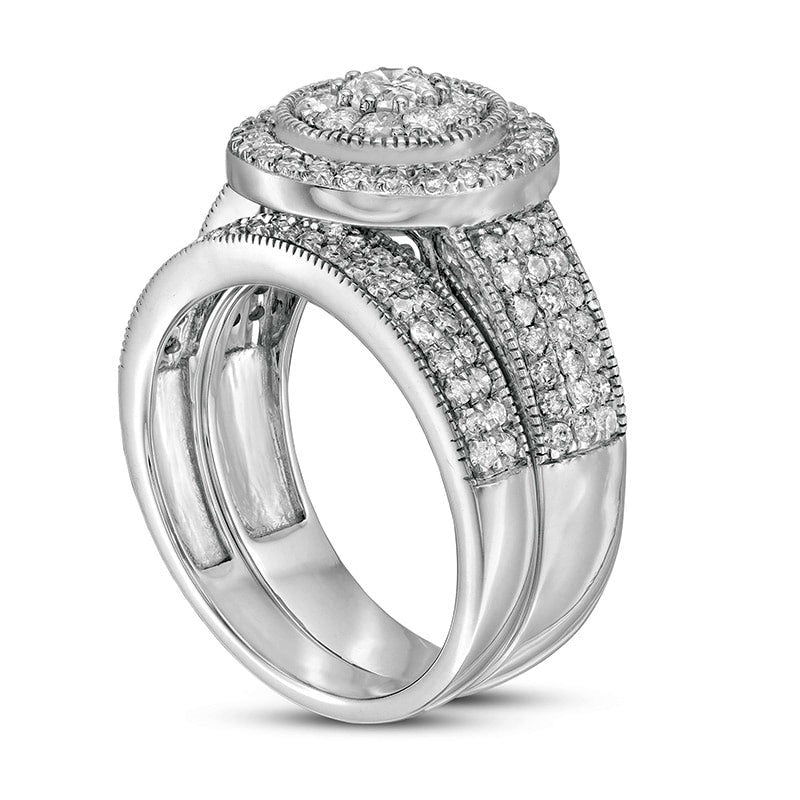 1.33 CT. T.W. Natural Diamond Double Frame Antique Vintage-Style Multi-Row Bridal Engagement Ring Set in Solid 10K White Gold