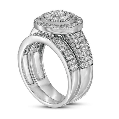 1.33 CT. T.W. Natural Diamond Double Frame Antique Vintage-Style Multi-Row Bridal Engagement Ring Set in Solid 10K White Gold