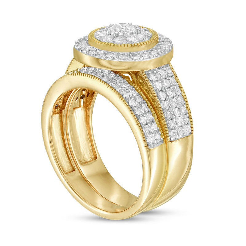 1.33 CT. T.W. Natural Diamond Double Frame Antique Vintage-Style Multi-Row Bridal Engagement Ring Set in Solid 10K Yellow Gold