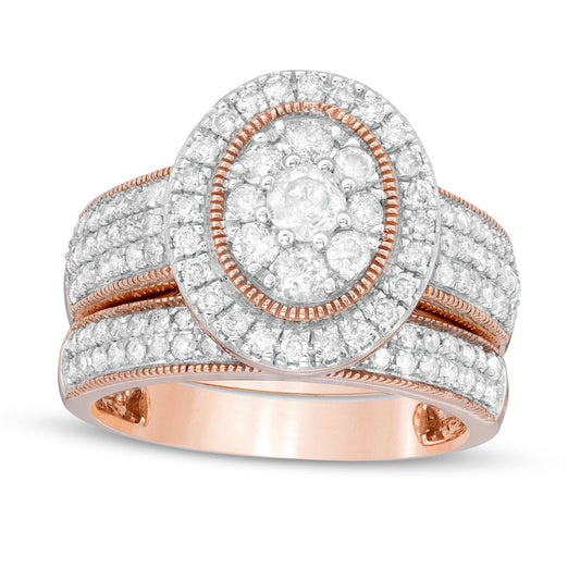 1.33 CT. T.W. Composite Oval Natural Diamond Frame Antique Vintage-Style Multi-Row Bridal Engagement Ring Set in Solid 10K Rose Gold
