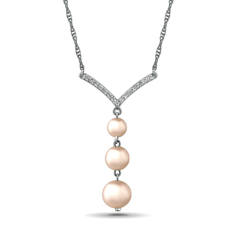 4.0-6.0mm Cultured Freshwater Pearl and White Lab-Created Sapphire Chevron "Y" Necklace in Sterling Silver