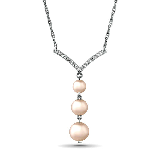 4.0-6.0mm Cultured Freshwater Pearl and White Lab-Created Sapphire Chevron "Y" Necklace in Sterling Silver