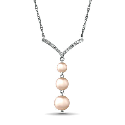 4.0-6.0mm Cultured Freshwater Pearl and White Lab-Created Sapphire Chevron "Y" Necklace in Sterling Silver