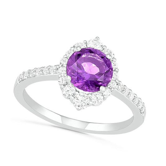 7.0mm Amethyst and White Lab-Created Sapphire Ornate Frame Ring in Sterling Silver