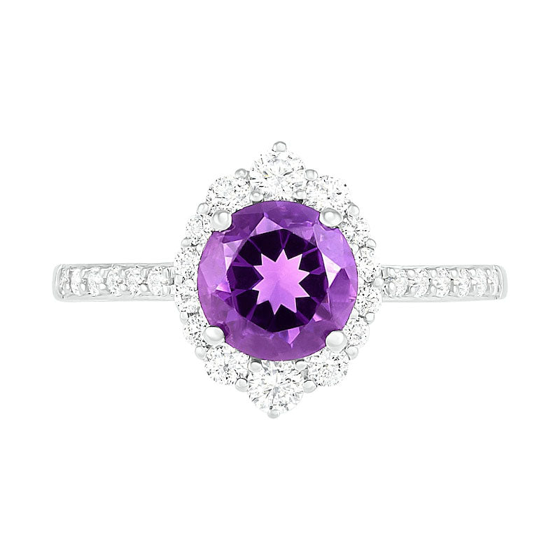 7.0mm Amethyst and White Lab-Created Sapphire Ornate Frame Ring in Sterling Silver