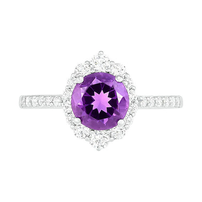 7.0mm Amethyst and White Lab-Created Sapphire Ornate Frame Ring in Sterling Silver