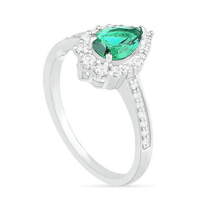 Pear-Shaped Lab-Created Emerald and White Sapphire Crown Frame Ring in Sterling Silver