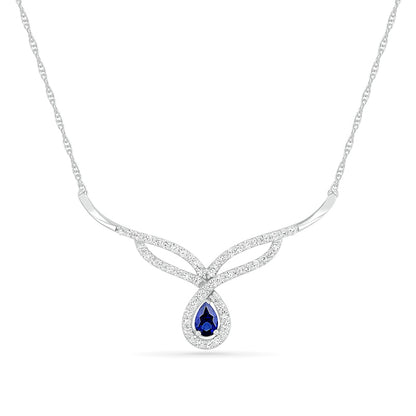 Pear-Shaped Lab-Created Blue and White Sapphire Frame Teardrop Chevron Necklace in Sterling Silver