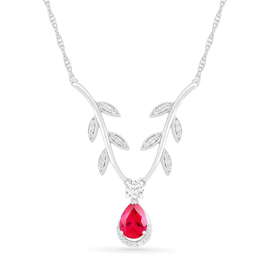 Pear-Shaped Lab-Created Ruby and White Sapphire Border Leafy Branch Deep Chevron Necklace in Sterling Silver