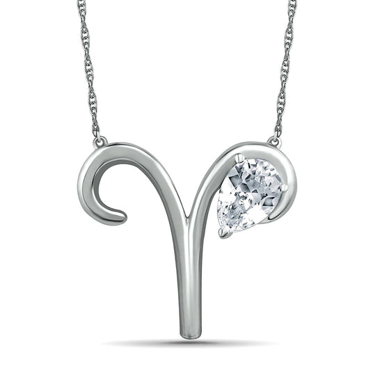 Pear-Shaped White Lab-Created Sapphire Aries Zodiac Sign Necklace in Sterling Silver